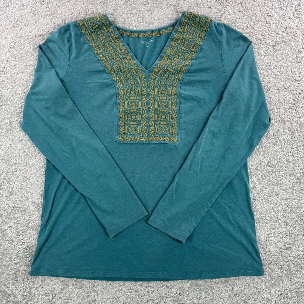 Garnet Hill Stella‎ Embroidered V-Neck Long Sleeve Cotton Tencel Top Womens M